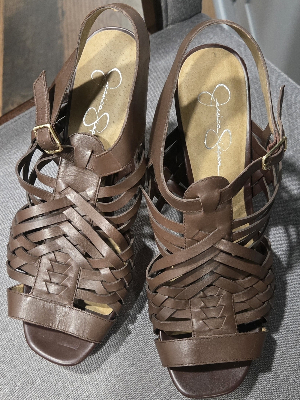 Jessica Simpson Brown Woven Leather Slingback Heels